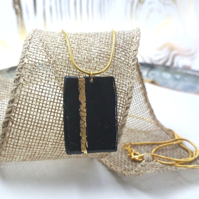 Black and Gold Stripe Rectangle Pendant Necklace