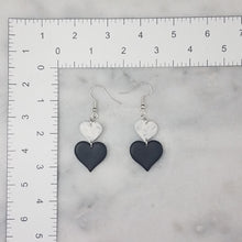 Load image into Gallery viewer, Small and Large Double Heart Solid Black with White Marble Handmade Dangle Earrings
