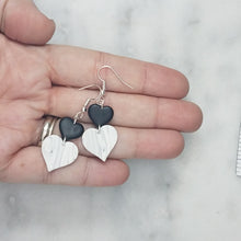 Load image into Gallery viewer, Small and Large Double Heart Solid White with Black Marble Handmade Dangle Earrings
