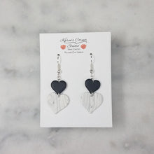 Load image into Gallery viewer, Small and Large Double Heart Solid White with Black Marble Handmade Dangle Earrings
