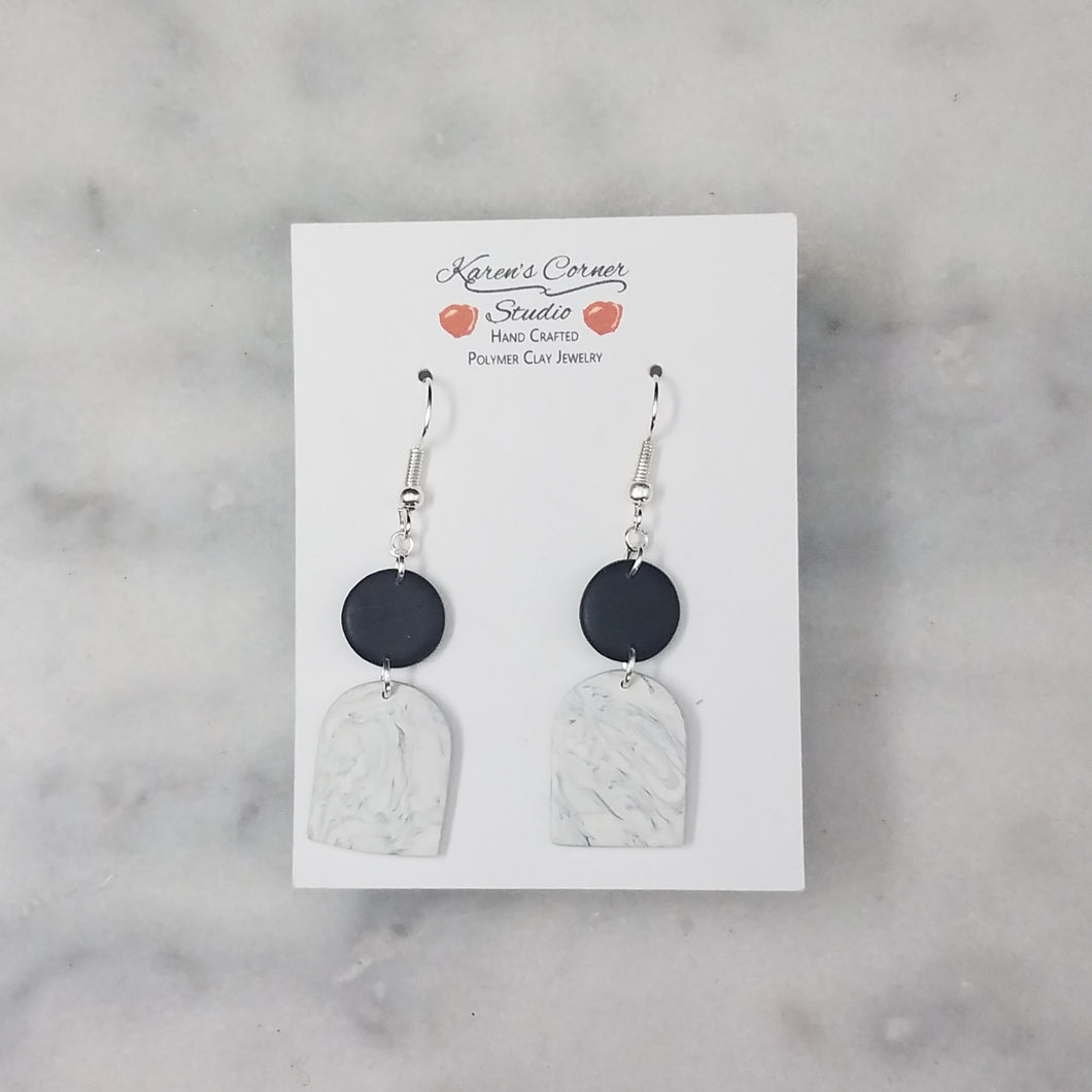 Black S Circle with Black and White Marble Arch  Handmade Dangle Handmade Earrings