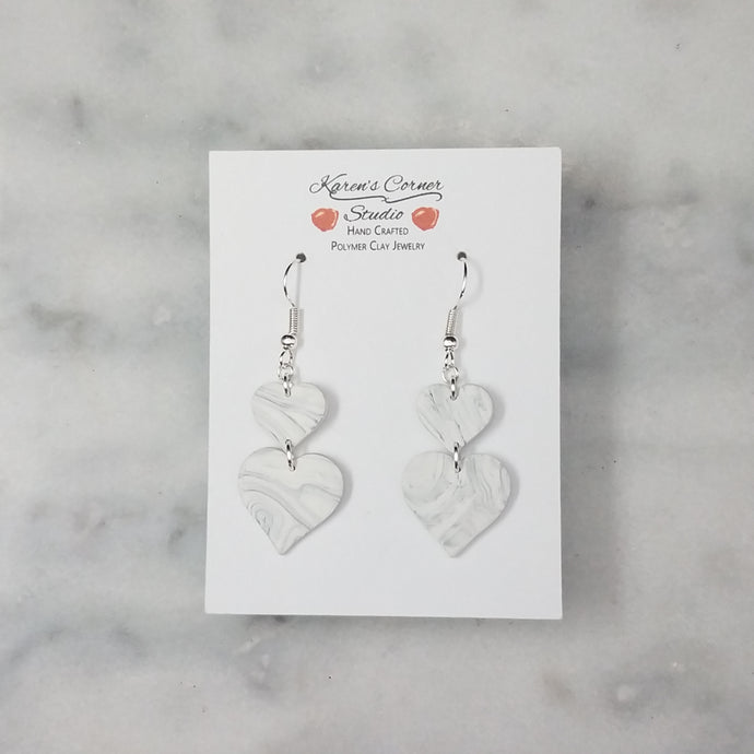 S and L Double Heart Marble Black and White Handmade Dangle Handmade Earrings