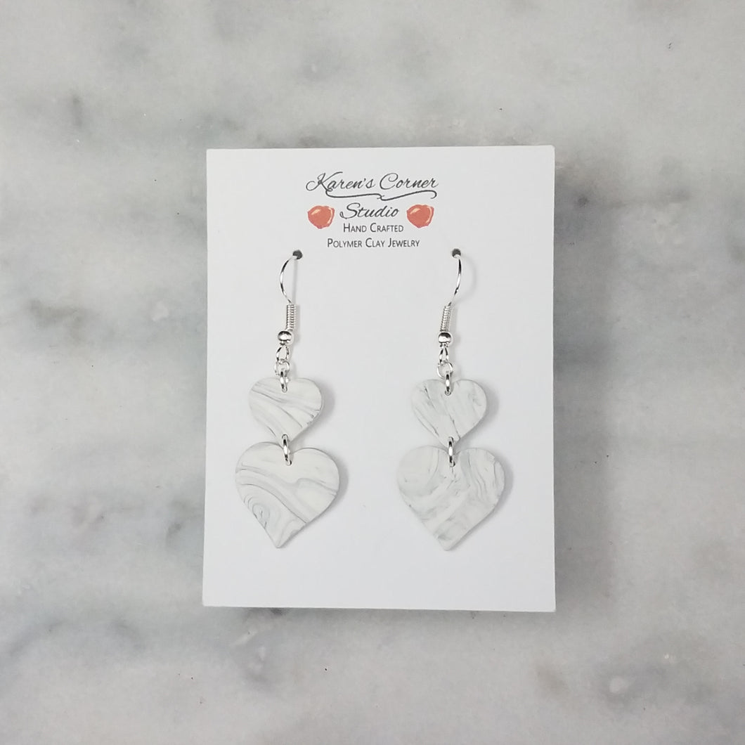 Small and Large Double Heart Marble Black and White Handmade Dangle Earrings
