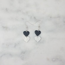 Load image into Gallery viewer, S Double Heart Marble with Solid Black and White Handmade Dangle Handmade Earrings
