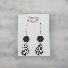 Load image into Gallery viewer, Black and White Leopard Print Small Circle and Teardrop Shaped Dangle Handmade Earrings
