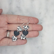 Load image into Gallery viewer, Black and White with Solid Black Leopard Print Small Triple Heart Shaped Dangle Handmade Earrings
