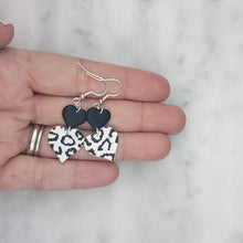 Load image into Gallery viewer, Solid Black and White Leopard Print Small and Large Double Heart Shaped Dangle Handmade Earrings
