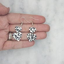 Load image into Gallery viewer, Black and White Leopard Print Small and Large Double Heart Shaped Dangle Handmade Earrings
