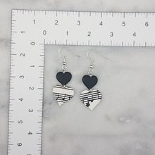 Load image into Gallery viewer, Solid Black with White Double Heart Shaped Music Notes Dangle Handmade Earrings
