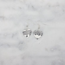 Load image into Gallery viewer, M Black and White Heart Shaped Music Notes Dangle Handmade Earrings
