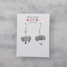 Load image into Gallery viewer, Black with White Heart Shaped Music Notes Dangle Earrings
