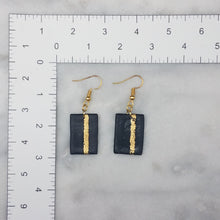 Load image into Gallery viewer, Rectangle Shaped Black With Gold Stripe Handmade Dangle Handmade Earrings
