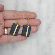 Load image into Gallery viewer, Rectangle Shaped Black With Gold Stripe Handmade Dangle Handmade Earrings
