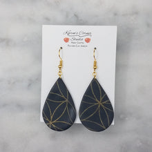 Load image into Gallery viewer, Teardrop Black With Gold Flower Pattern Handmade Dangle Earrings
