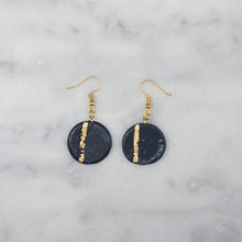 Load image into Gallery viewer, Circle Shaped Black With Gold Stripe Handmade Dangle Earrings
