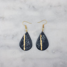 Load image into Gallery viewer, Teardrop Shaped Black With Gold Stripe Handmade Dangle Handmade Earrings
