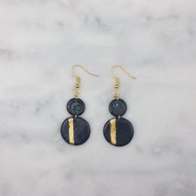 Load image into Gallery viewer, Double Circle Gold Stripe Pattern Black &amp; Gold Dangle Handmade Earrings
