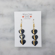Load image into Gallery viewer, Small Triple Heart Shaped Black With Gold Stripe Handmade Dangle Earrings
