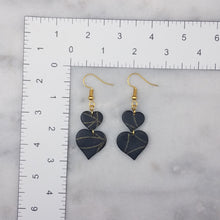 Load image into Gallery viewer, Double Heart Shaped Black With Gold Flower Pattern Handmade Dangle Handmade Earrings
