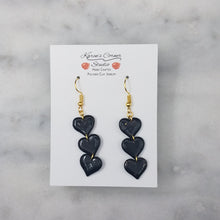 Load image into Gallery viewer, S Triple Heart Shaped Black With Gold Flakes Handmade Dangle Handmade Earrings
