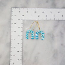 Load image into Gallery viewer, Arch Floral Pattern Blue &amp; White Hoop Dangle Handmade Earrings
