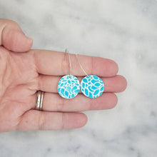 Load image into Gallery viewer, Circle Floral Pattern Blue &amp; White Hoop Dangle Handmade Earrings
