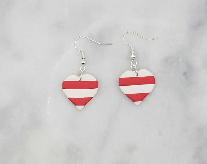 Heart Stripe Pattern Red & White Dangle Handmade Earrings
