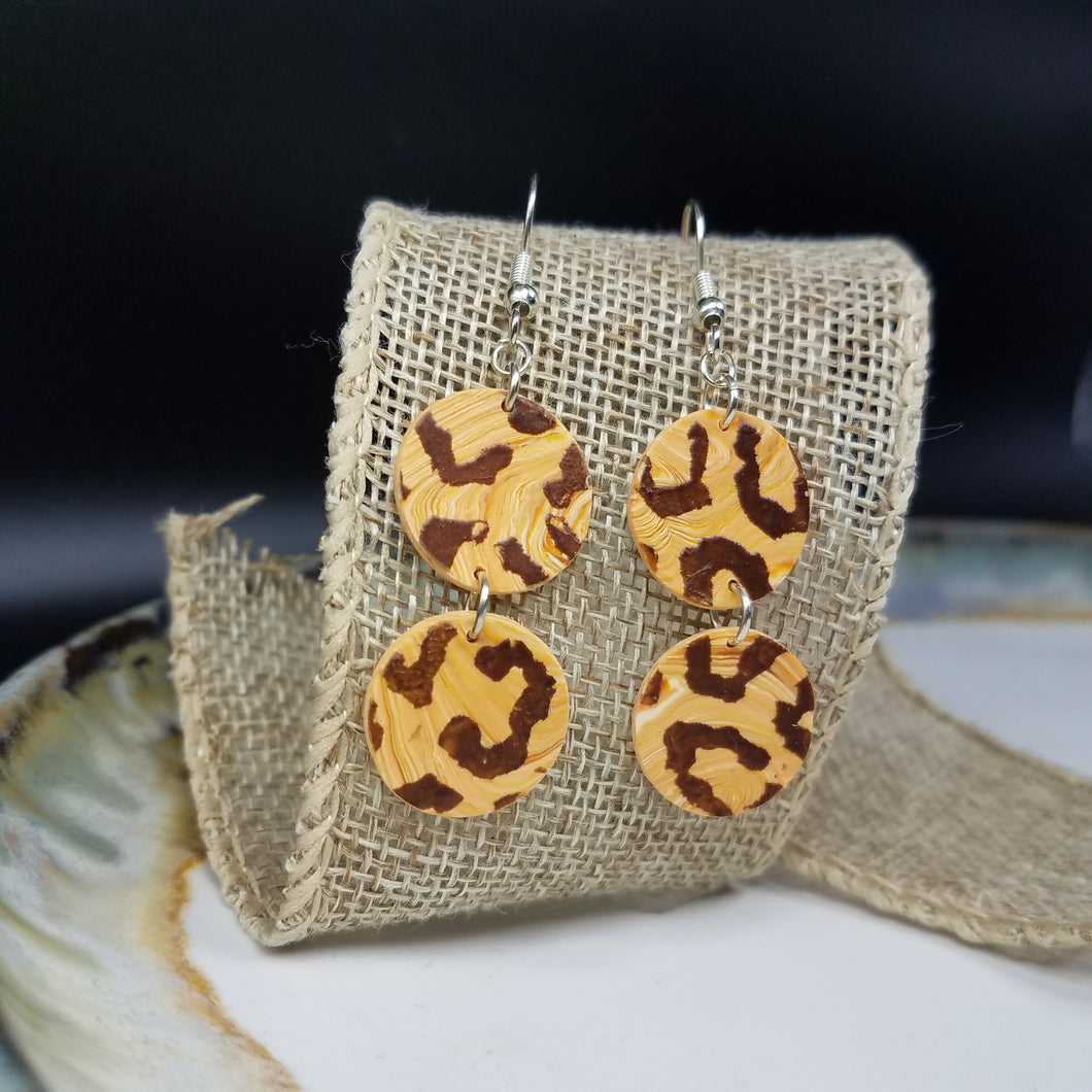 Double Circle Leopard Print Pattern Brown & Peach Dangle Handmade Earrings