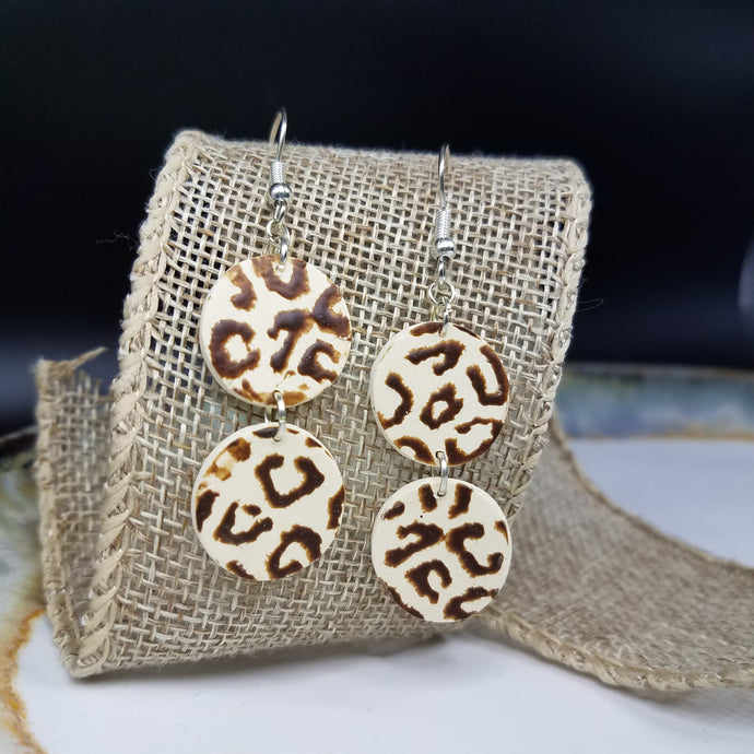 Double Circle Leopard Print Pattern Ivory & Brown Dangle Handmade Earrings