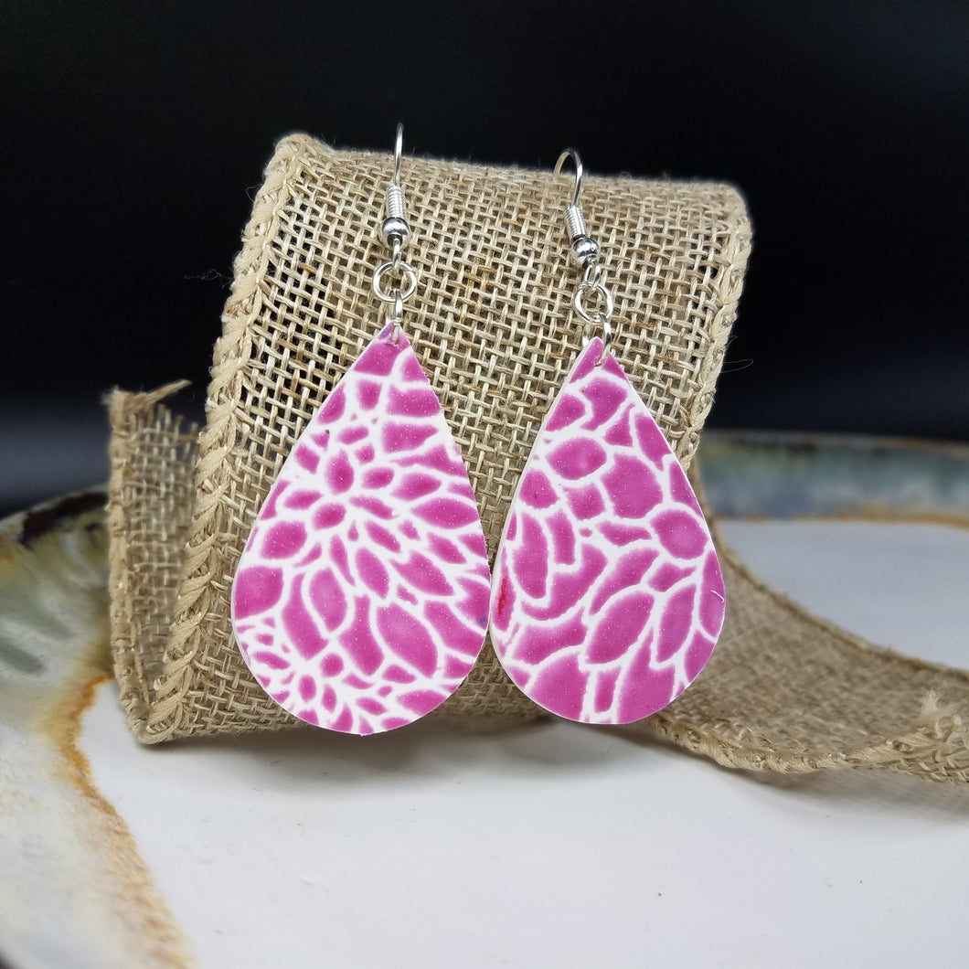 Teardrop Floral Pattern Purple/Pink & White Dangle Handmade Earrings