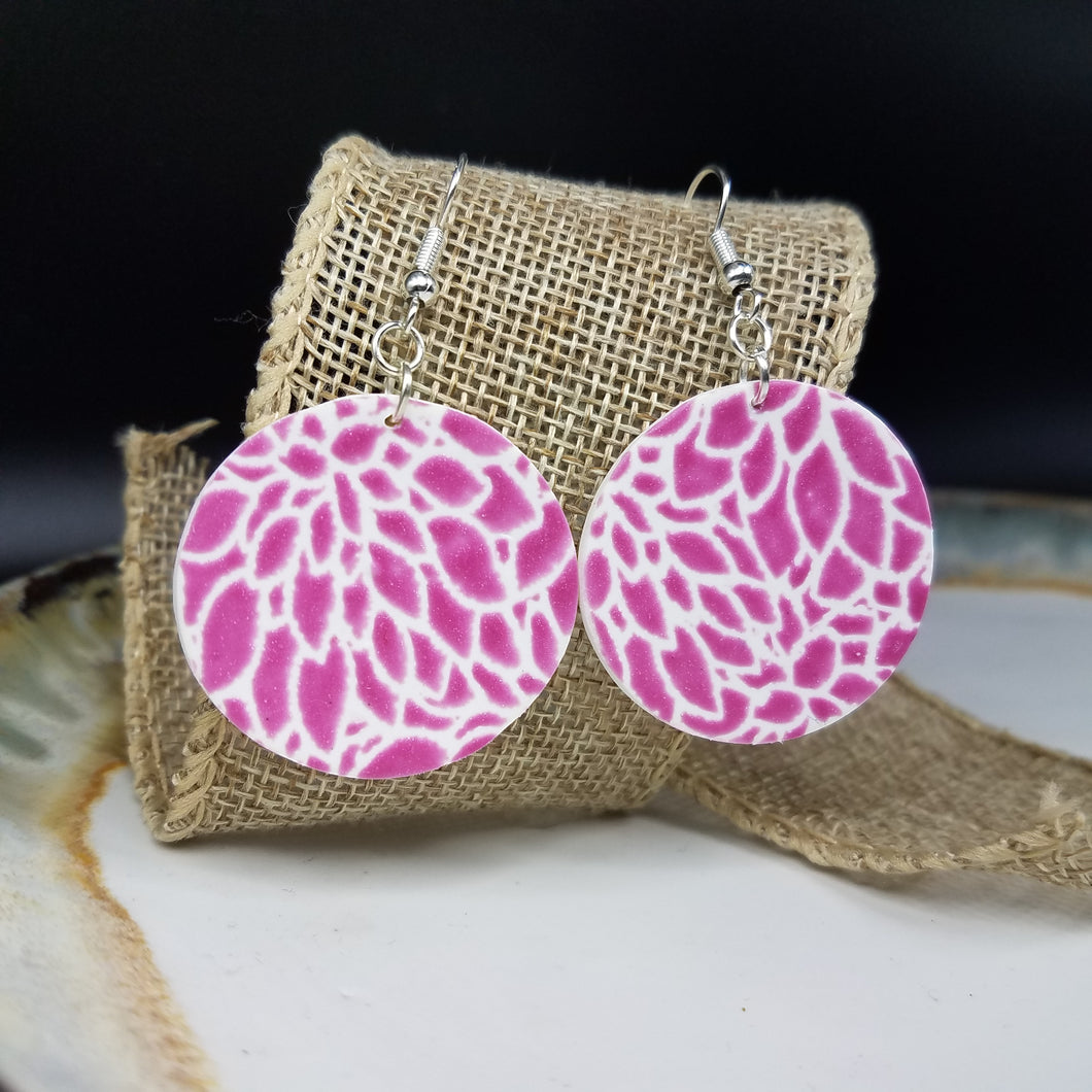 Circle Floral Pattern Purple/Pink & White Dangle Handmade Earrings