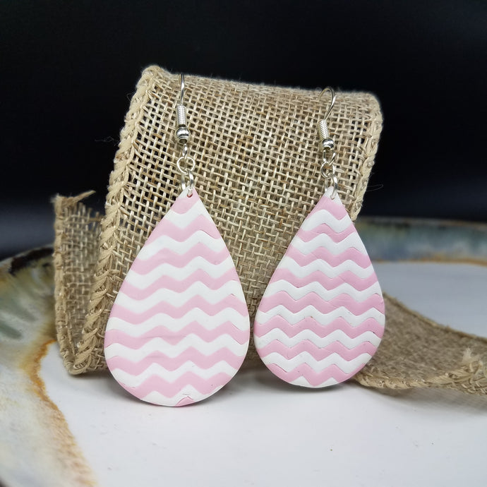 Teardrop Chevron Pattern White & Pink Dangle Handmade Earrings