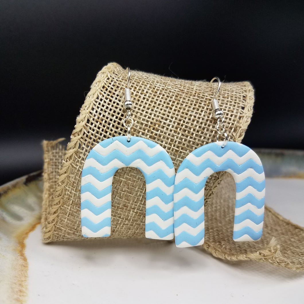 Arch Chevron Pattern White & Blue Dangle Handmade Earrings