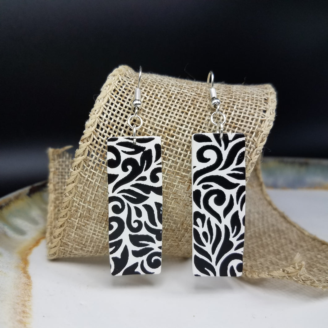 Rectangle Floral Abstract Pattern Black & White Dangle Handmade Earrings