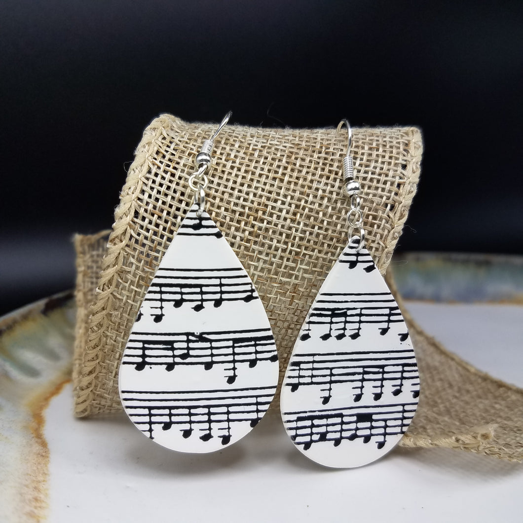 Teardrop Music Pattern Black & White Dangle Handmade Earrings