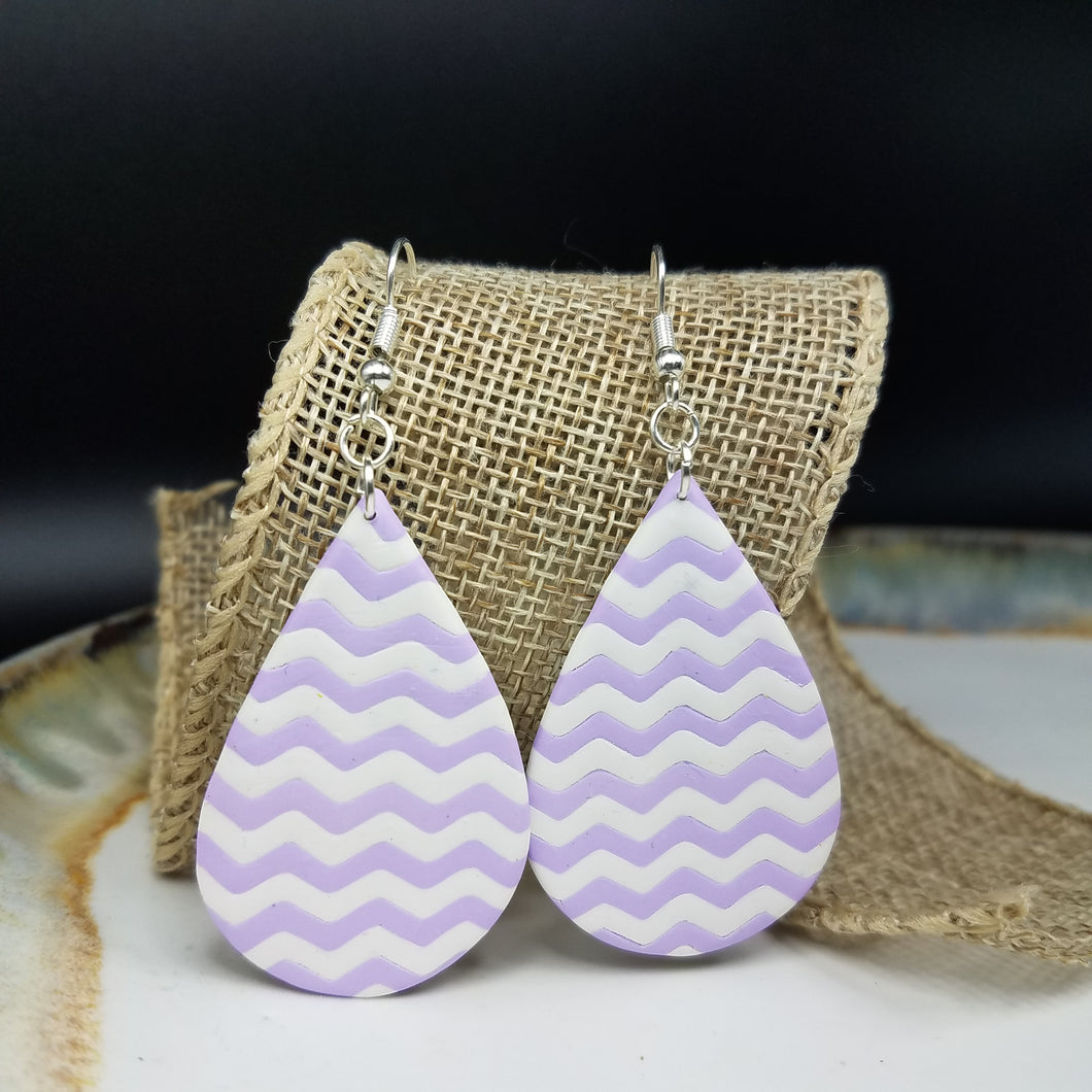 Teardrop Chevron Pattern White & Purple Dangle Handmade Earrings