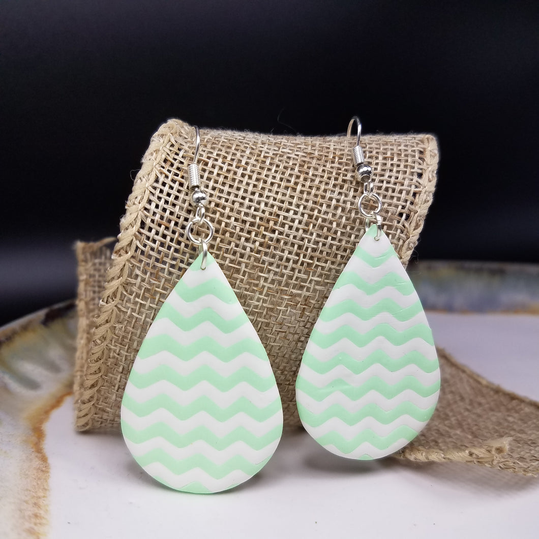 Teardrop Chevron Pattern White & Green Dangle Handmade Earrings
