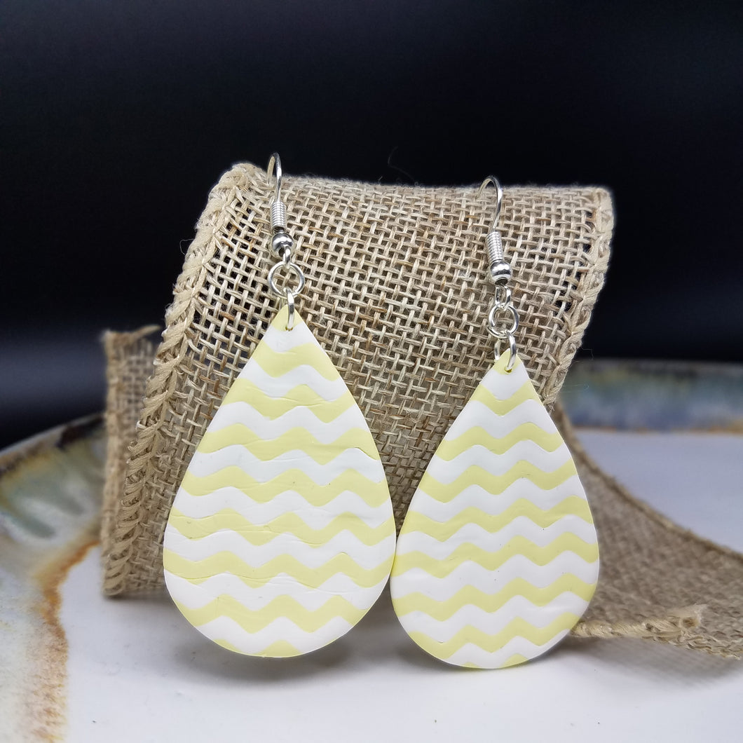 Teardrop Chevron Pattern White & Yellow Dangle Handmade Earrings