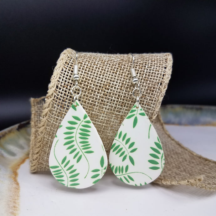 Teardrop Leaf Pattern White & Green Dangle Handmade Earrings