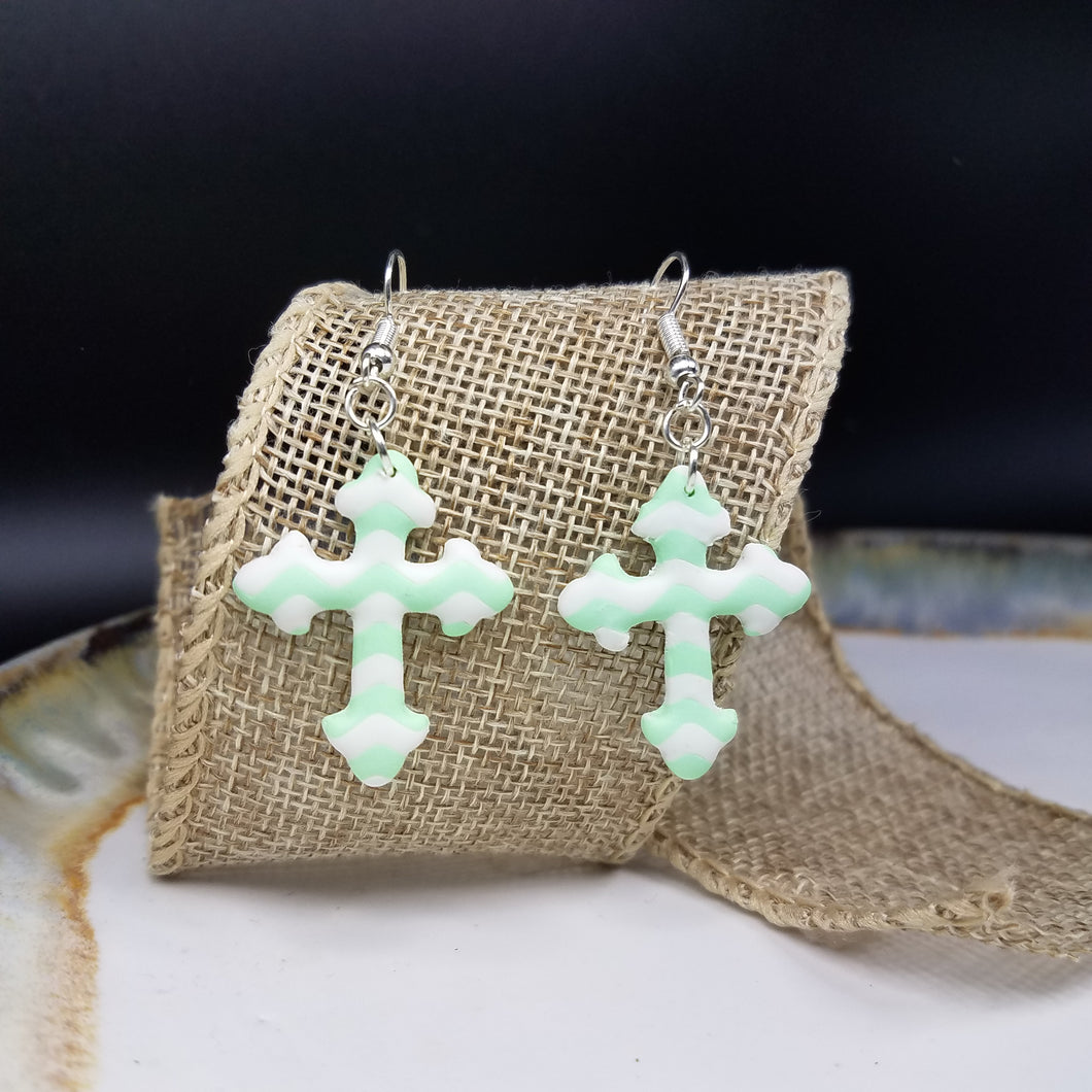 Fancy Cross Chevron Pattern Green & White Dangle Handmade Earrings