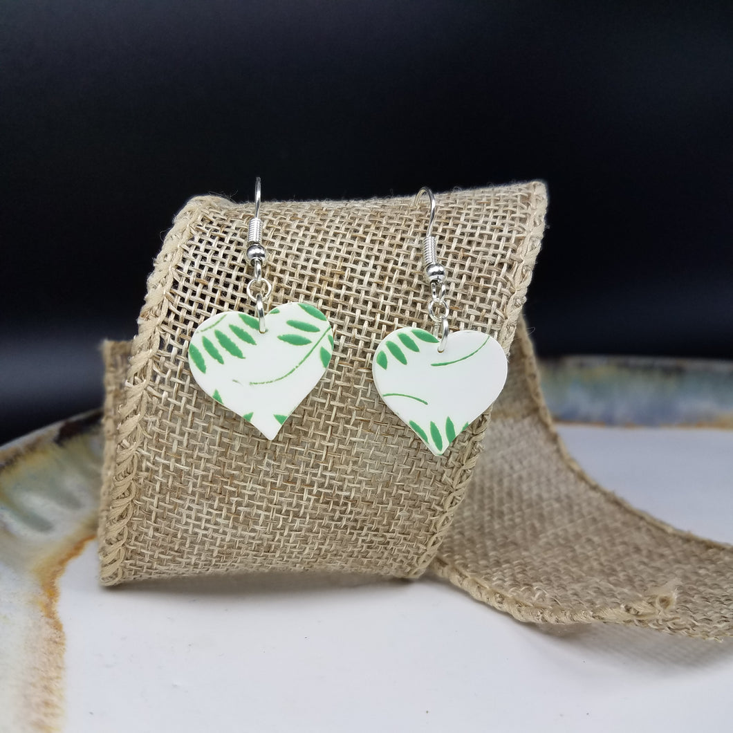 Heart Leaf Pattern White & Green Dangle Handmade Earrings
