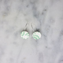 Load image into Gallery viewer, Circle Leaf Pattern Green &amp; White Hoop Dangle Handmade Earrings
