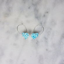 Load image into Gallery viewer, Heart Floral Pattern Blue &amp; White Hoop Dangle Handmade Earrings
