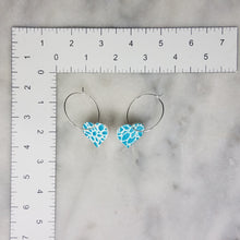 Load image into Gallery viewer, Heart Floral Pattern Blue &amp; White Hoop Dangle Handmade Earrings
