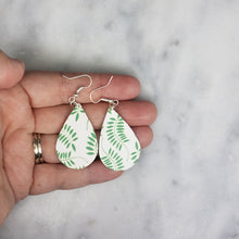 Load image into Gallery viewer, Teardrop Leaf Pattern White &amp; Green Dangle Handmade Earrings
