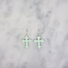 Load image into Gallery viewer, Fancy Cross Chevron Pattern Green &amp; White Dangle Handmade Earrings

