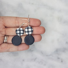 Load image into Gallery viewer, Double Circle Solid &amp; Buffalo Plaid Pattern Black &amp; White Dangle Handmade Earrings
