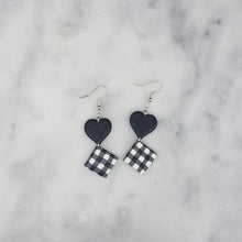 Load image into Gallery viewer, Double Heart &amp; Rhombus Solid &amp; Buffalo Plaid Pattern Black &amp; White Dangle Handmade Earrings
