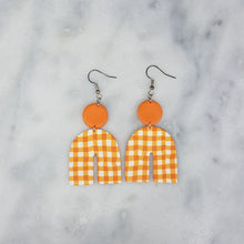 Load image into Gallery viewer, Double Circle &amp; Arch Buffalo Plaid Pattern White &amp; Orange Dangle Handmade Earrings
