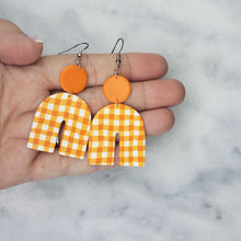 Load image into Gallery viewer, Double Circle &amp; Arch Buffalo Plaid Pattern White &amp; Orange Dangle Handmade Earrings
